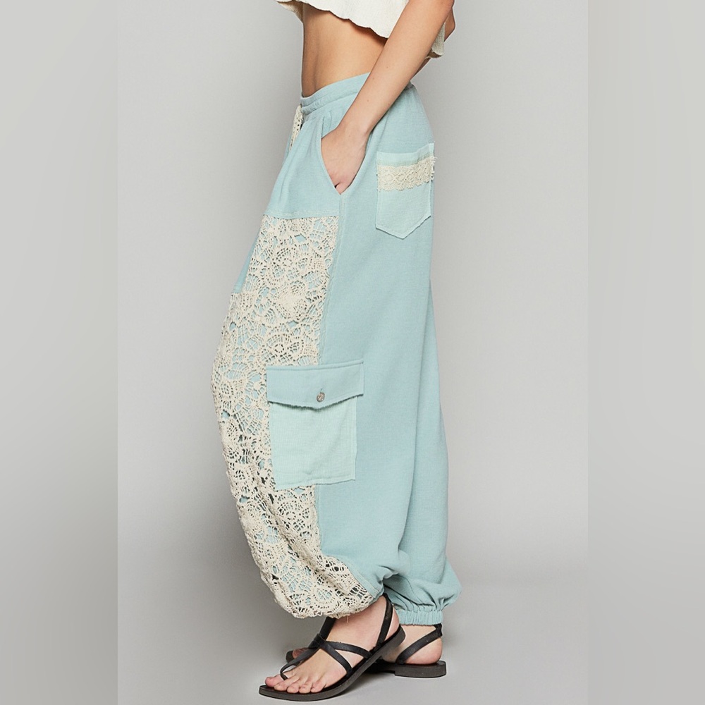 POL lace pants boho joggers teal blue green pockets drawstring - Picture 7 of 9